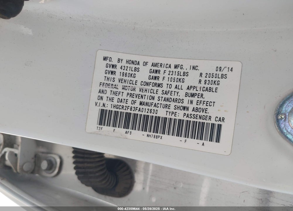 2015 HONDA ACCORD EX-L VIN: 1HGCR2F83FA012630