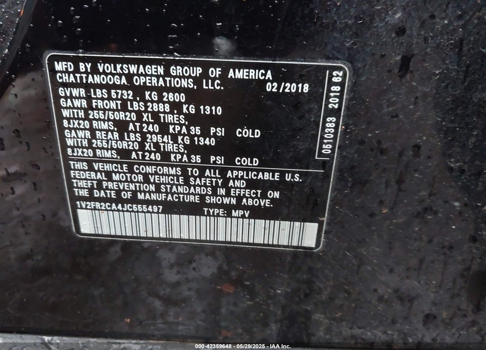 2018 VOLKSWAGEN ATLAS VIN: 1V2FR2CA4JC555497