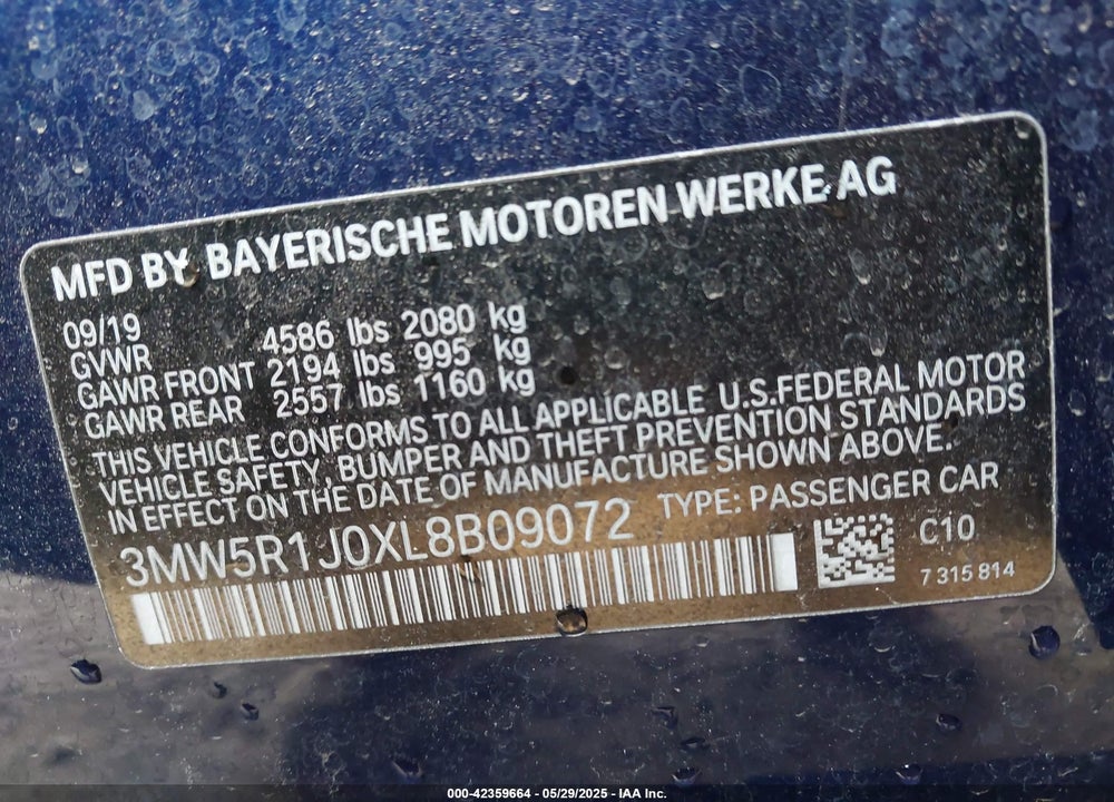 2020 BMW 330I VIN: 3MW5R1J0XL8B09072