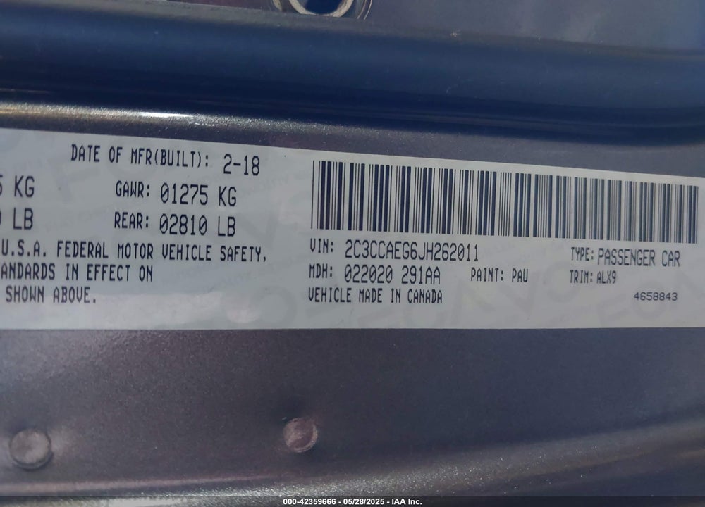 2018 CHRYSLER 300 LIMITED VIN: 2C3CCAEG6JH262011
