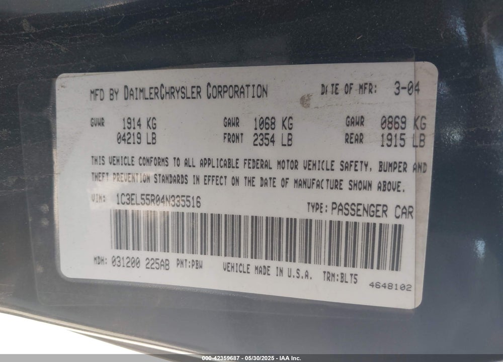 2004 CHRYSLER SEBRING LXI VIN: 1C3EL55R04N335516