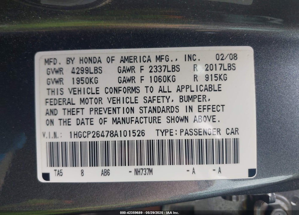 2008 HONDA ACCORD VIN: 1HGCP26478A101526