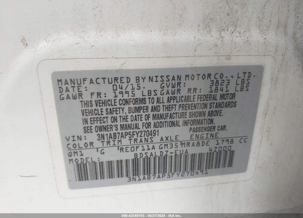 2015 NISSAN SENTRA FE+ S/S/SL/SR/SV VIN: 3N1AB7AP5FY270491