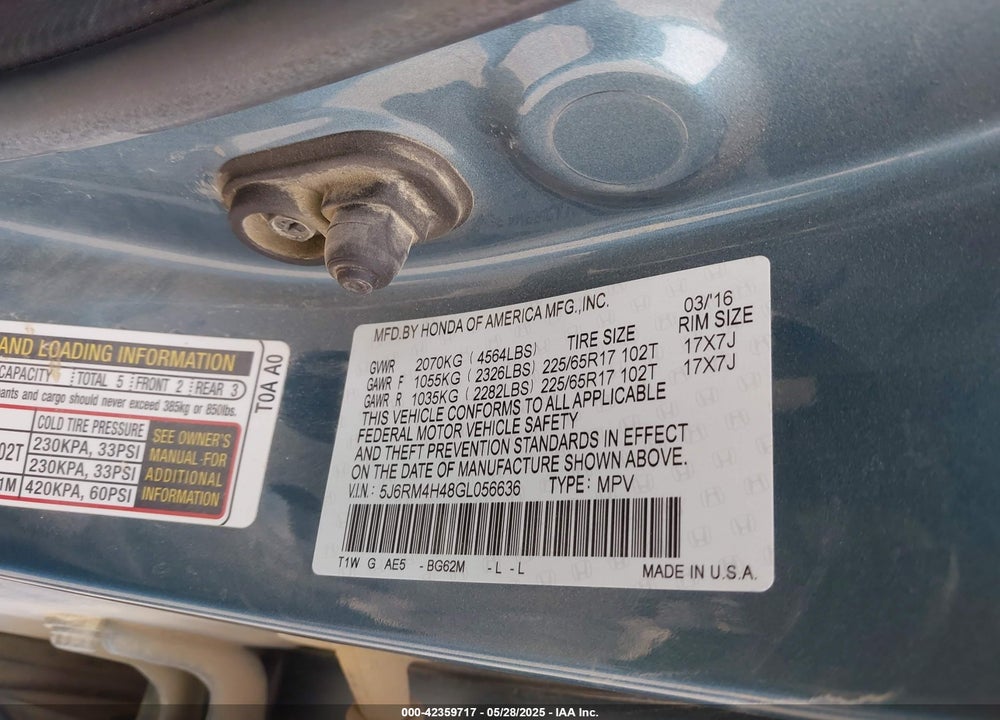 2016 HONDA CR-V SE VIN: 5J6RM4H48GL056636
