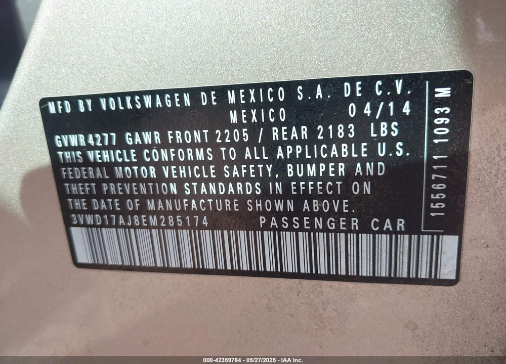 2014 VOLKSWAGEN JETTA 1.8T SE VIN: 3VWD17AJ8EM285174