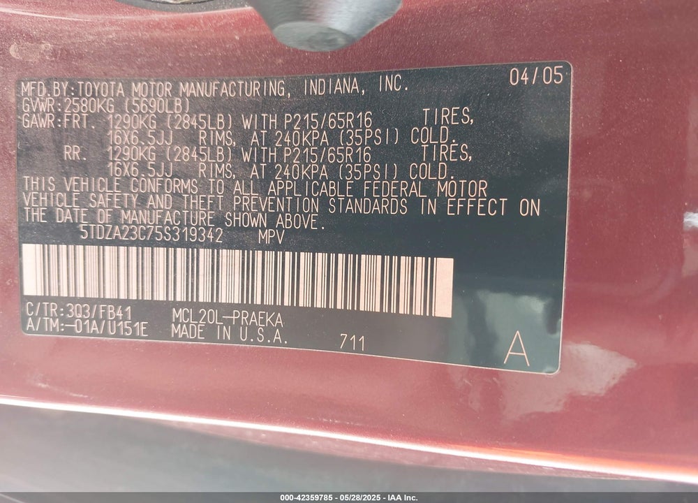 2005 TOYOTA SIENNA LE VIN: 5TDZA23C75S319342