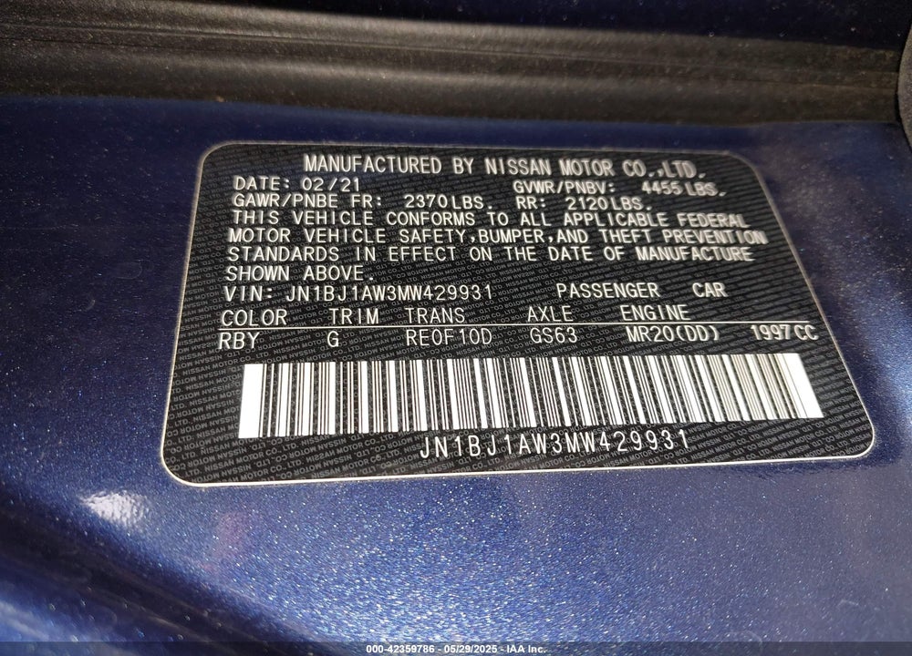 2021 NISSAN ROGUE SPORT VIN: JN1BJ1AW3MW429931