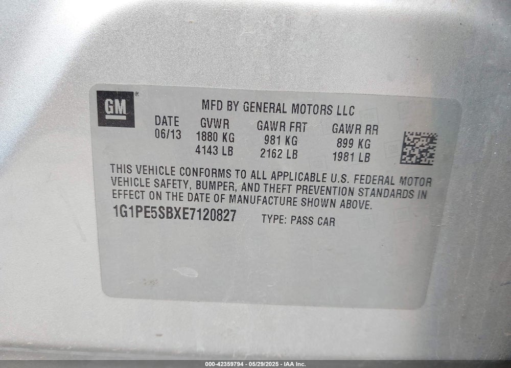 2014 CHEVROLET CRUZE 2LT AUTO VIN: 1G1PE5SBXE7120827