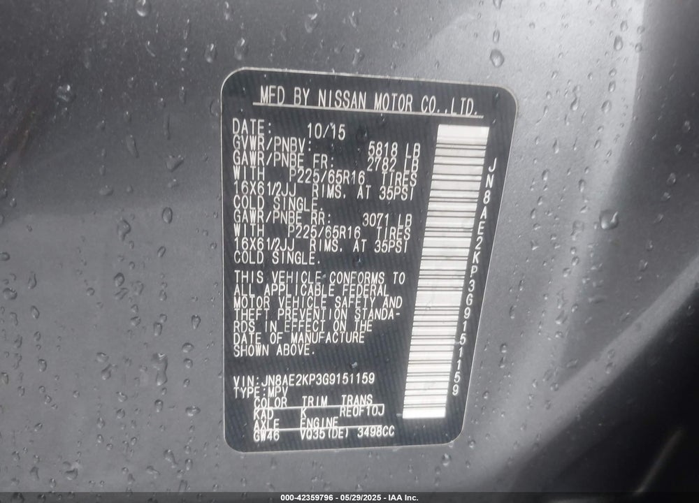 2016 NISSAN QUEST S VIN: JN8AE2KP3G9151159