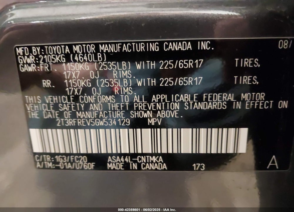 2016 TOYOTA RAV4 VIN: 2T3RFREV5GW534129
