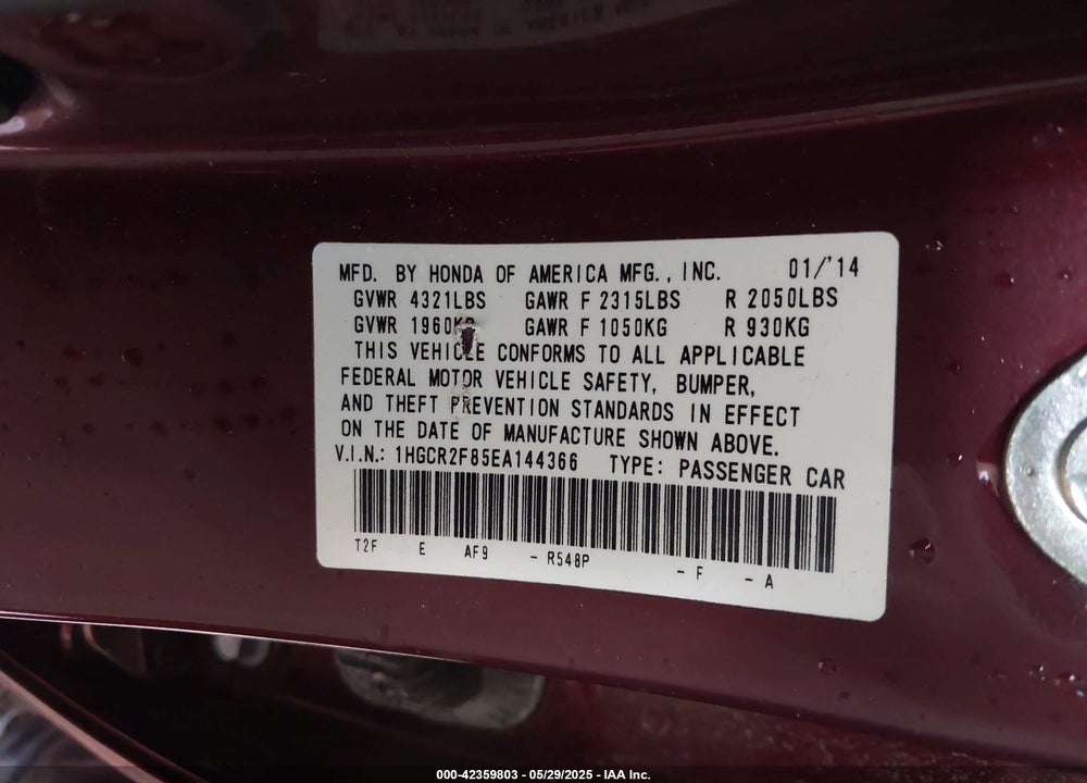 2014 HONDA ACCORD EX-L VIN: 1HGCR2F85EA144366