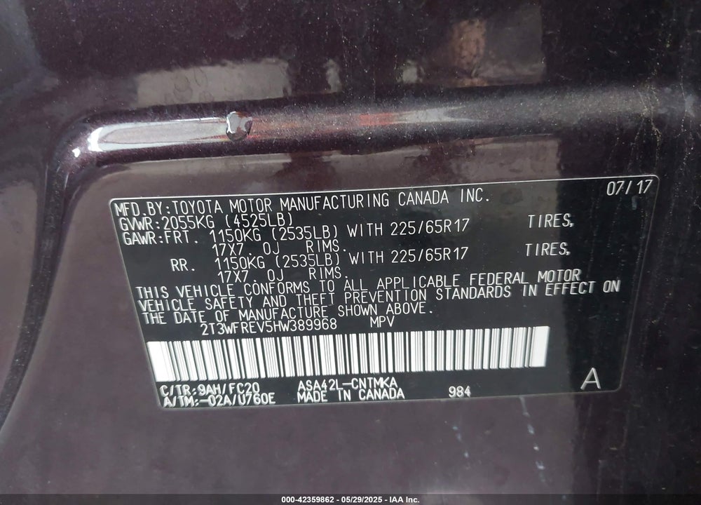 2017 TOYOTA RAV4 VIN: 2T3WFREV5HW389968