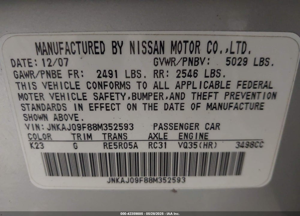 2008 INFINITI EX35 VIN: JNKAJ09F88M352593