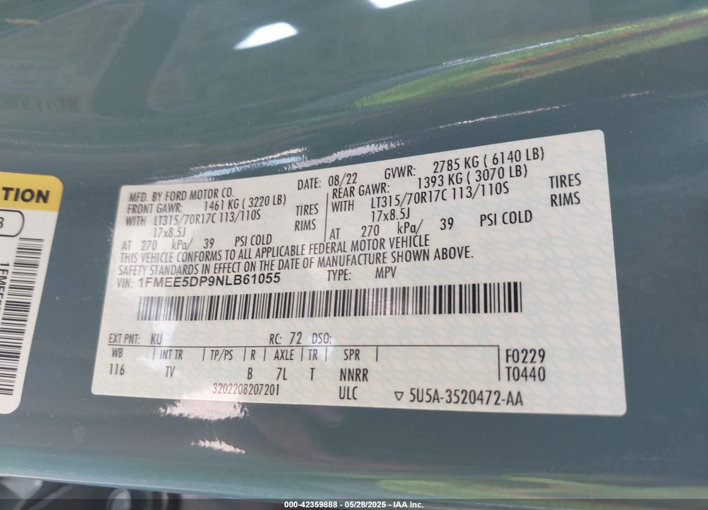 2022 FORD BRONCO VIN: 1FMEE5DP9NLB61055