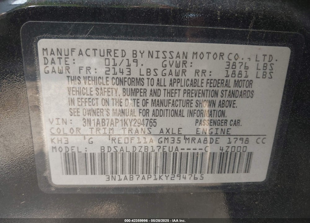 2019 NISSAN SENTRA SV VIN: 3N1AB7AP1KY294765