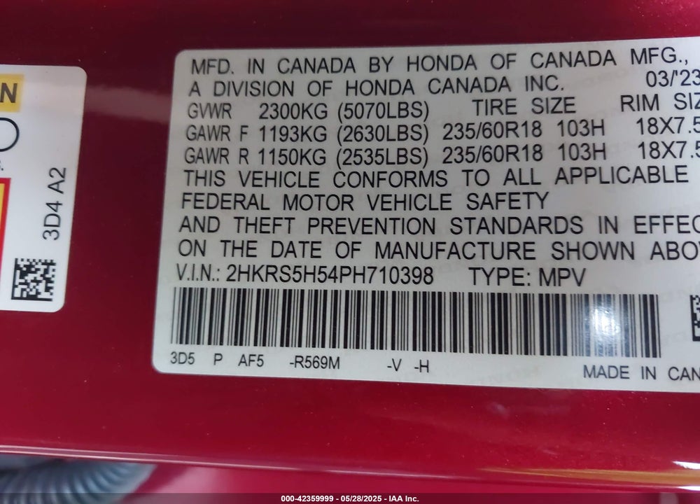 2023 HONDA CR-V VIN: 2HKRS5H54PH710398