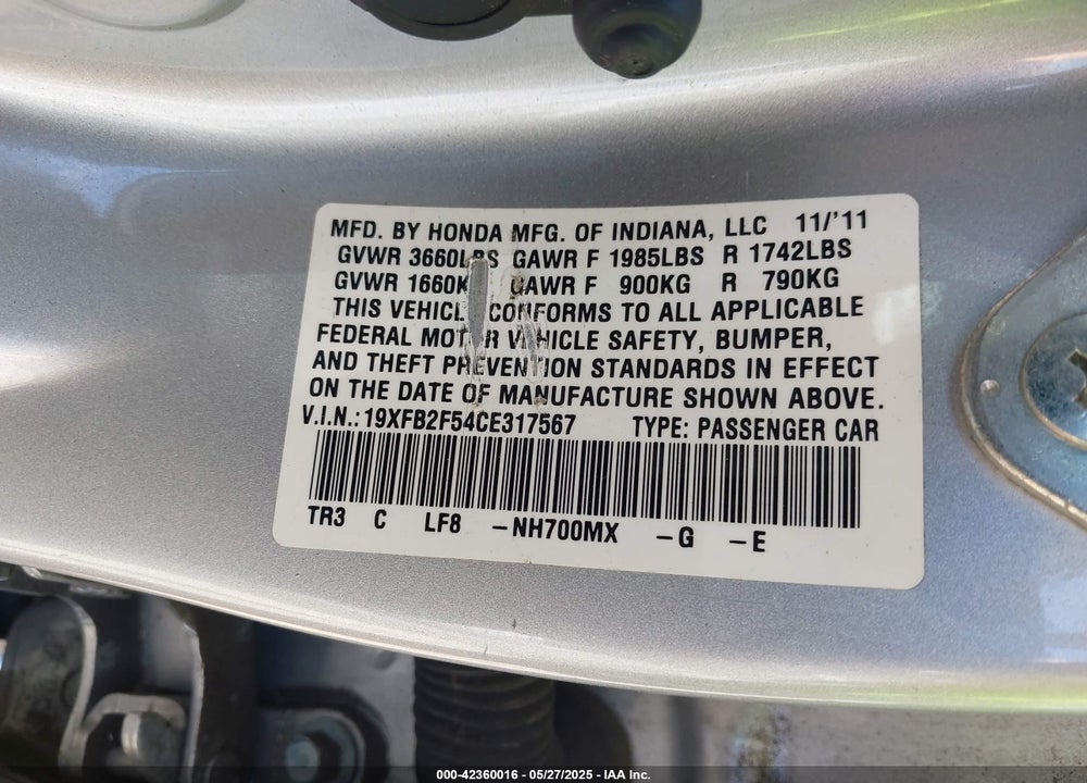 2012 HONDA CIVIC VIN: 19XFB2F54CE317567