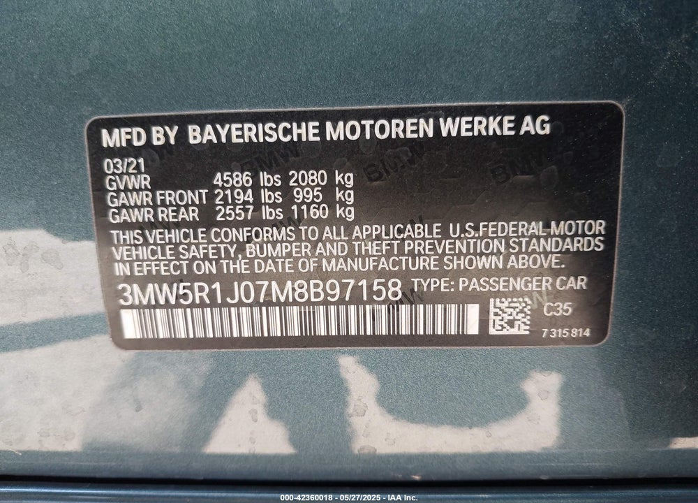 2021 BMW 3 SERIES VIN: 3MW5R1J07M8B97158