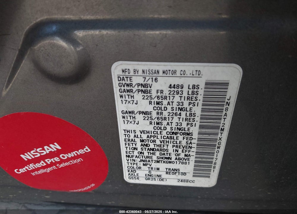 2016 NISSAN ROGUE VIN: JN8AT2MTXGW017881
