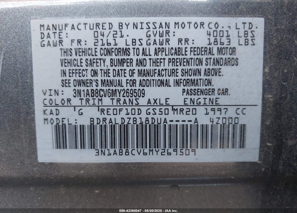 2021 NISSAN SENTRA VIN: 3N1AB8CV6MY269509