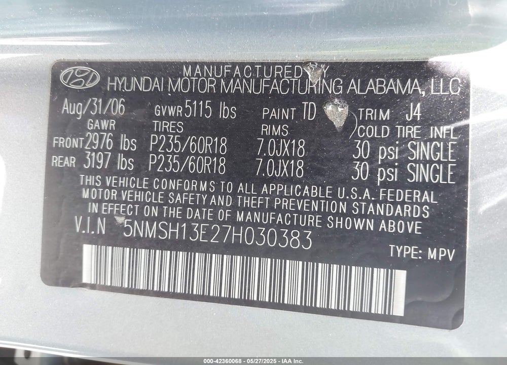 2007 HYUNDAI SANTA FE VIN: 5NMSH13E27H030383