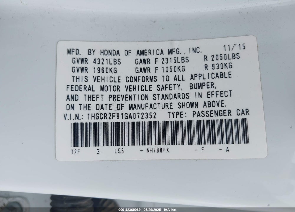 2016 HONDA ACCORD EX-L VIN: 1HGCR2F91GA072352