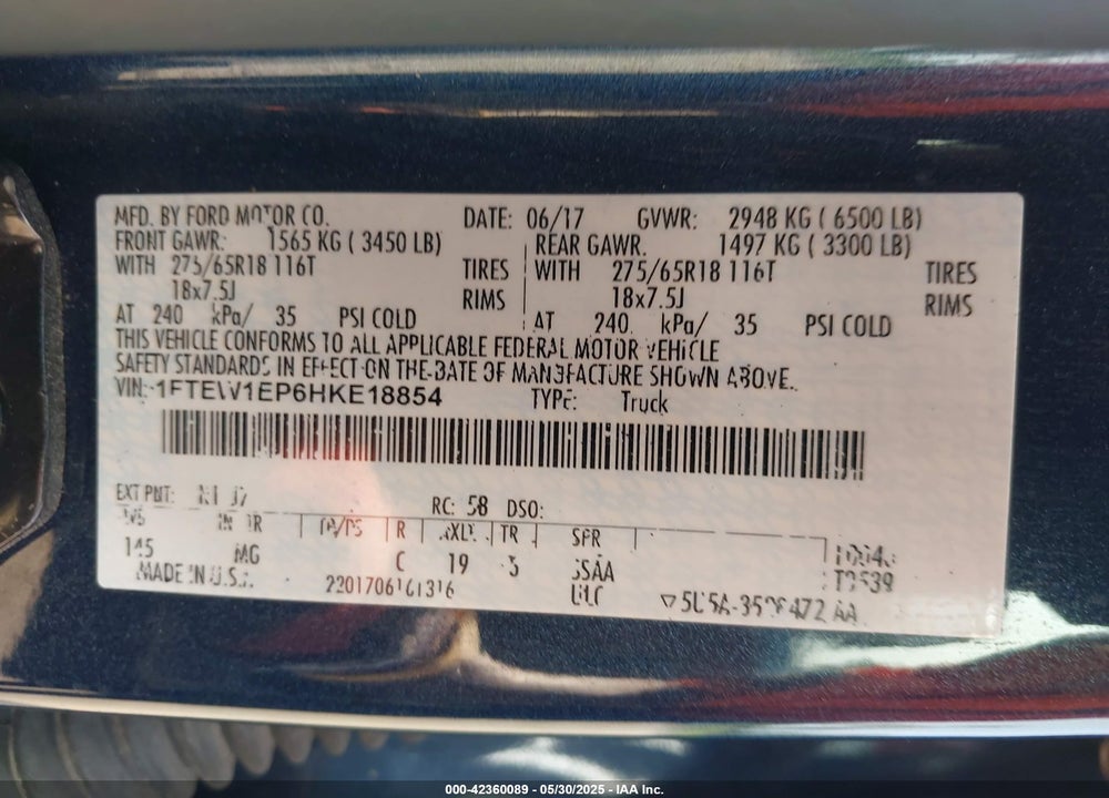 2017 FORD F-150 VIN: 1FTEW1EP6HKE18854