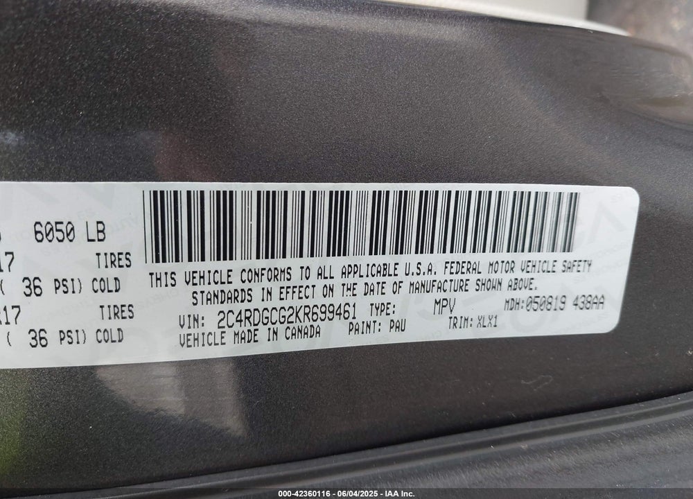 2019 DODGE GRAND CARAVAN VIN: 2C4RDGCG2KR699461
