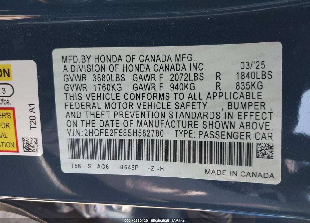 2025 HONDA CIVIC VIN: 2HGFE2F58SH582780