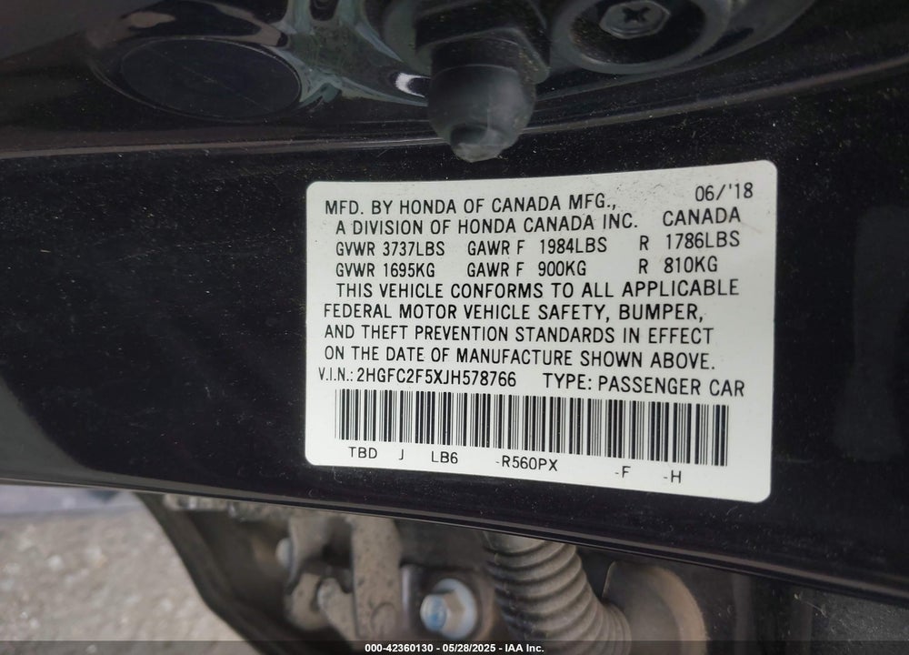 2018 HONDA CIVIC VIN: 2HGFC2F5XJH578766
