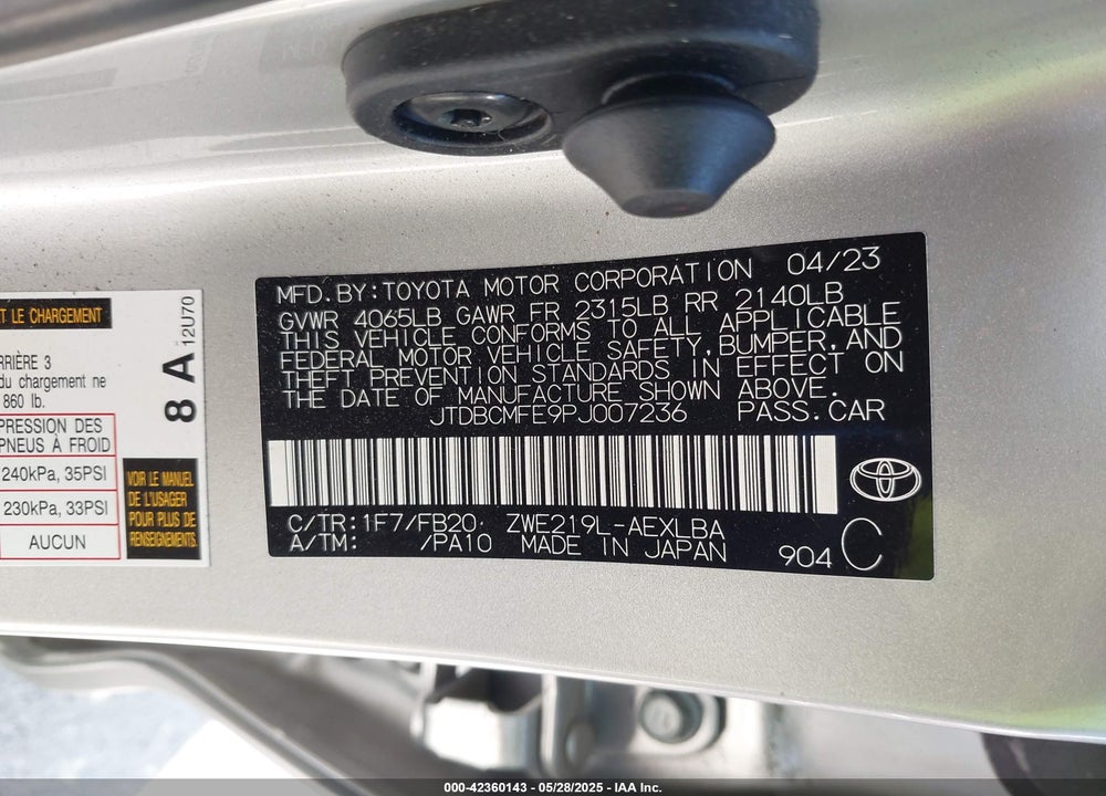 2023 TOYOTA COROLLA VIN: JTDBCMFE9PJ007236