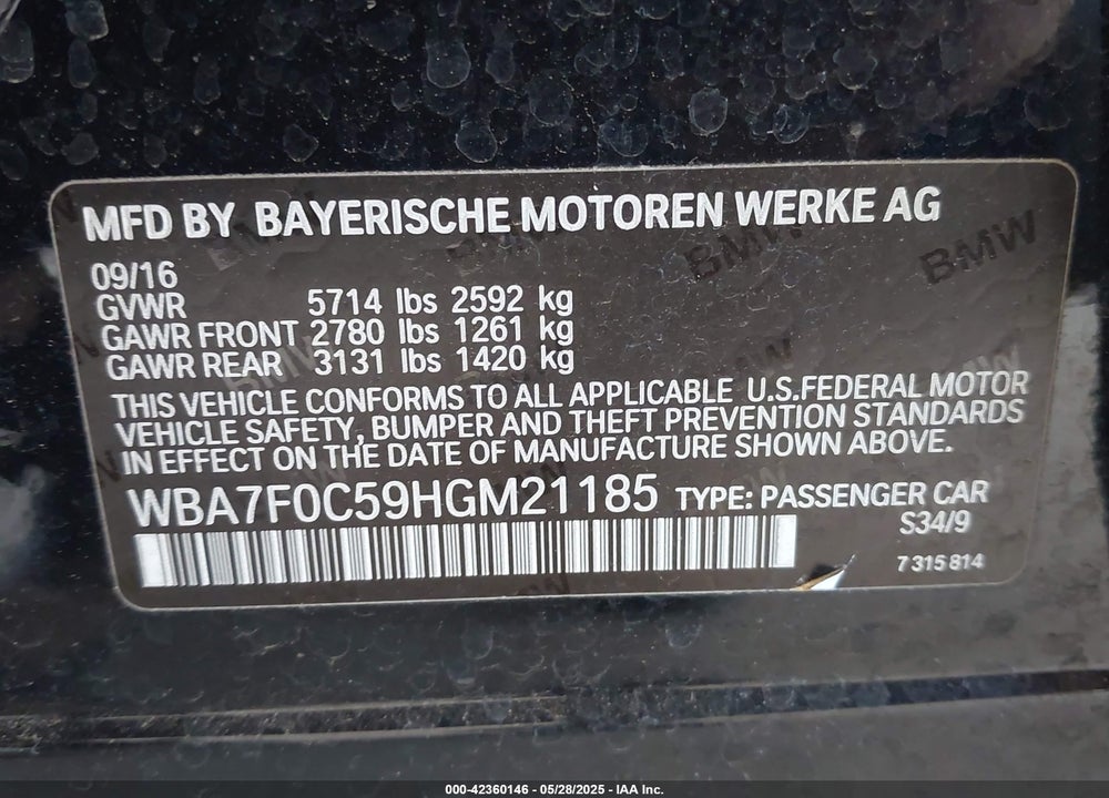 2017 BMW 750 I VIN: WBA7F0C59HGM21185