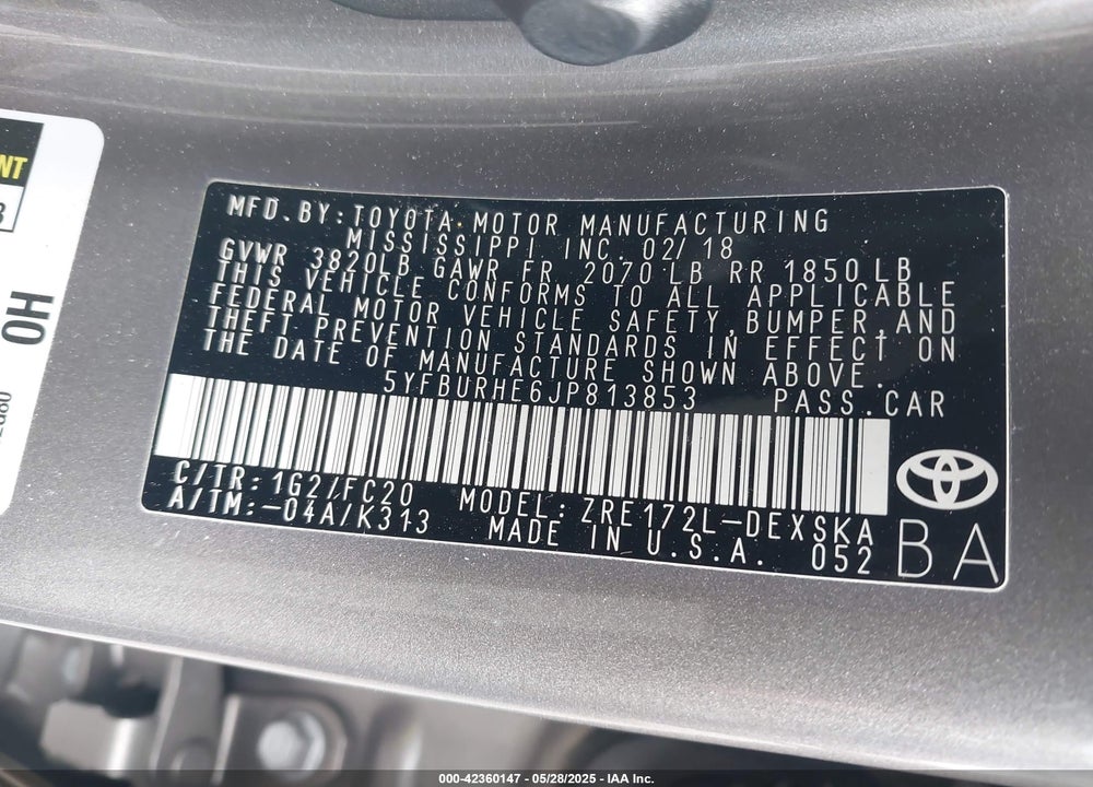 2018 TOYOTA COROLLA VIN: 5YFBURHE6JP813853
