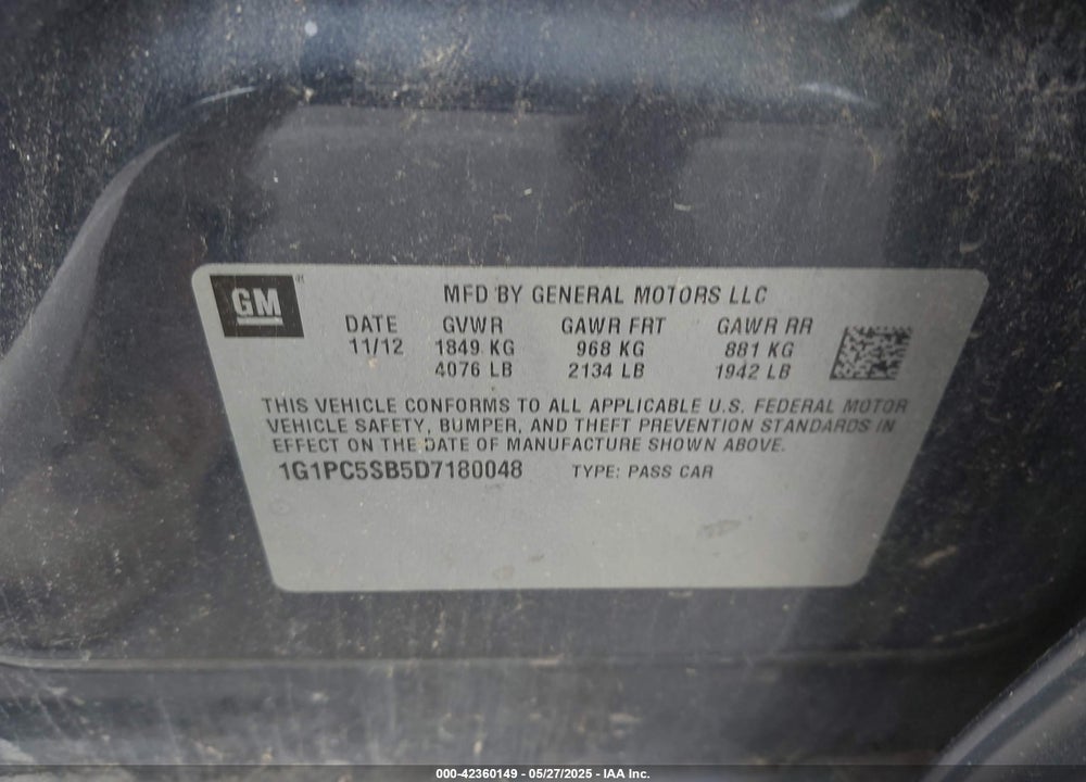2013 CHEVROLET CRUZE 1LT AUTO VIN: 1G1PC5SB5D7180048