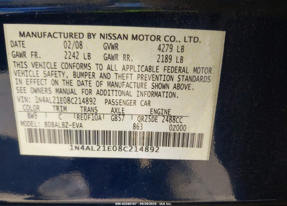 2008 NISSAN ALTIMA 2.5 S VIN: 1N4AL21E08C214892