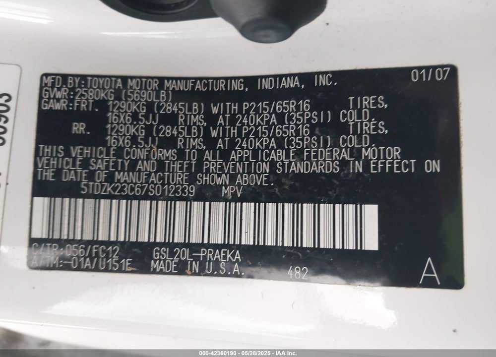2007 TOYOTA SIENNA VIN: 5TDZK23C67S012339