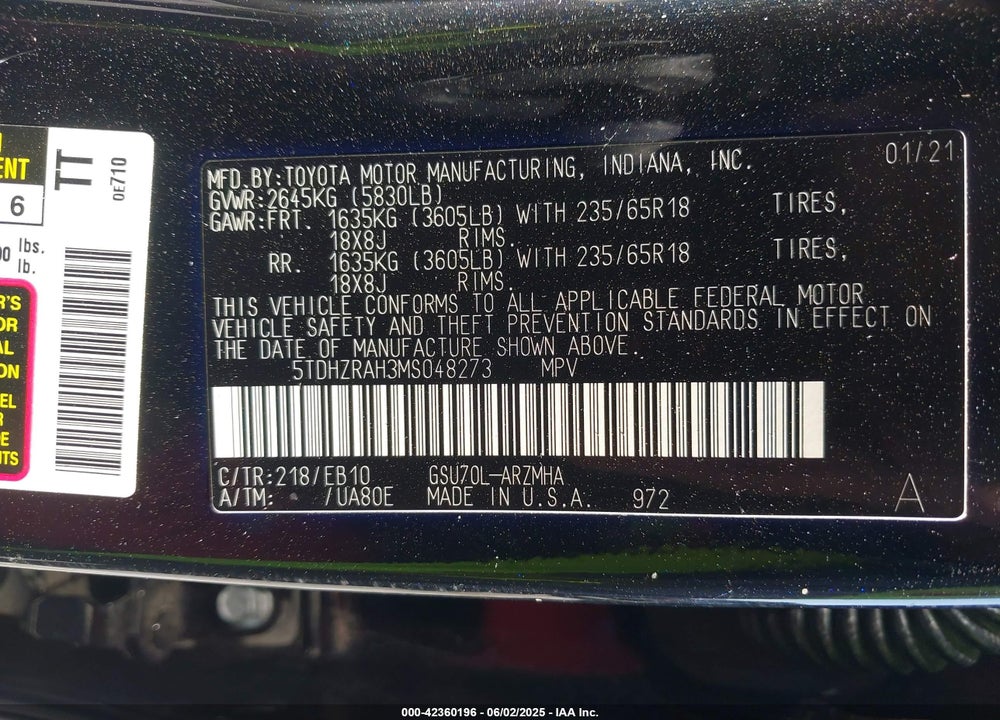 2021 TOYOTA HIGHLANDER VIN: 5TDHZRAH3MS048273