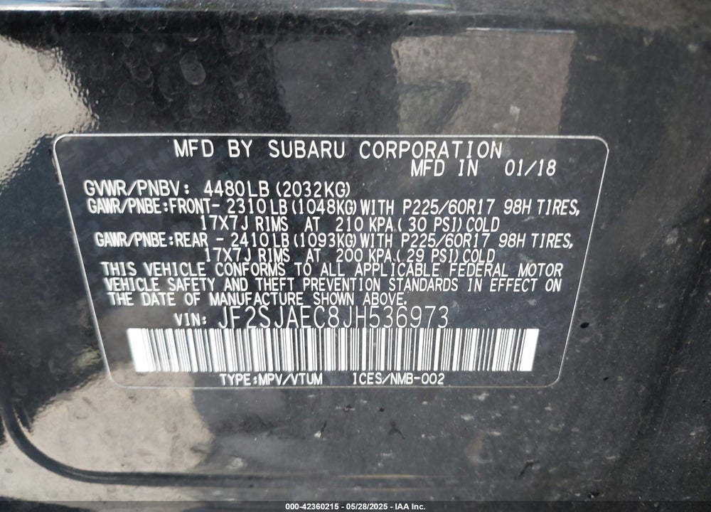 2018 SUBARU FORESTER 2.5I PREMIUM VIN: JF2SJAEC8JH536973