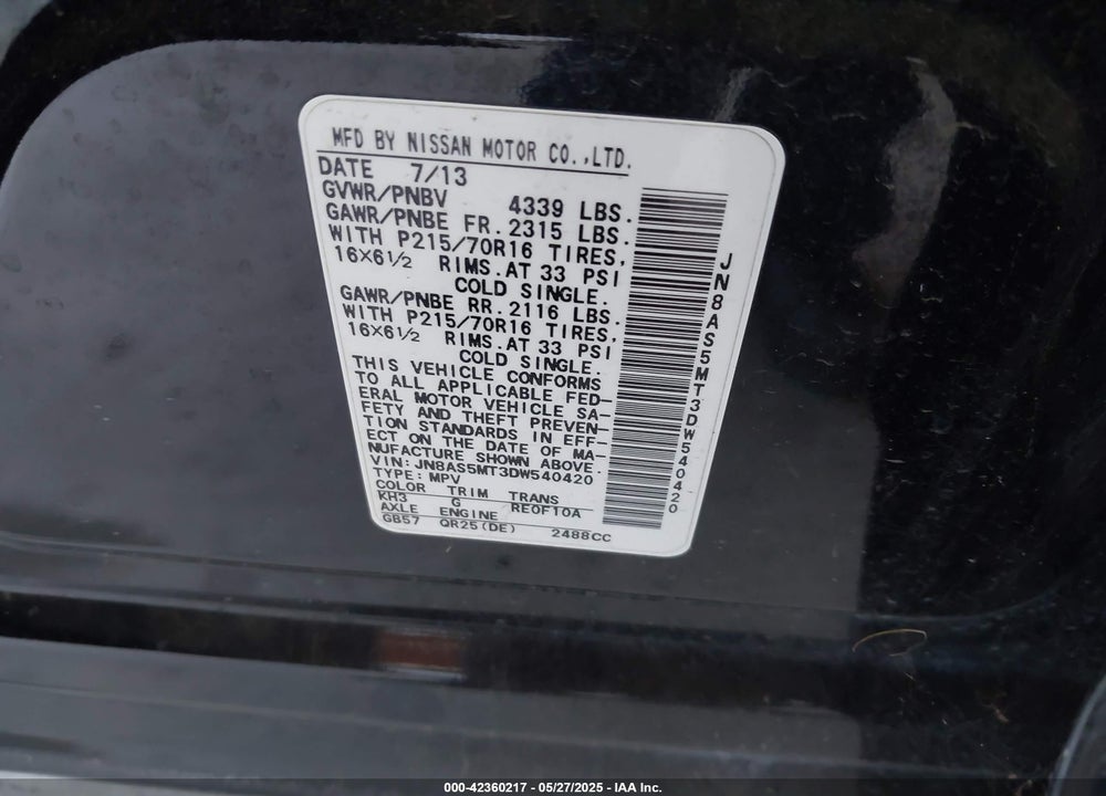 2013 NISSAN ROGUE VIN: JN8AS5MT3DW540420