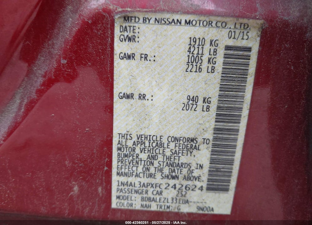 2015 NISSAN ALTIMA VIN: 1N4AL3APXFC242624