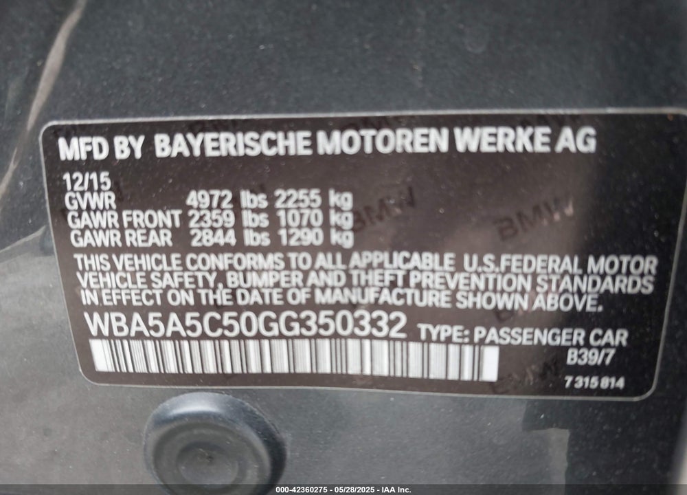 2016 BMW 5 SERIES VIN: WBA5A5C50GG350332