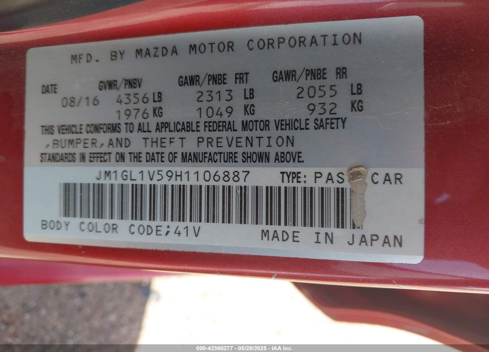 2017 MAZDA MAZDA6 VIN: JM1GL1V59H1106887