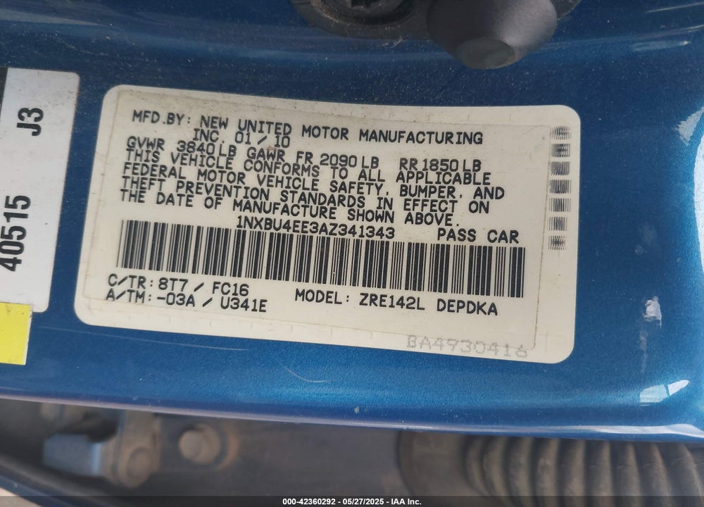 2010 TOYOTA COROLLA LE VIN: 1NXBU4EE3AZ341343