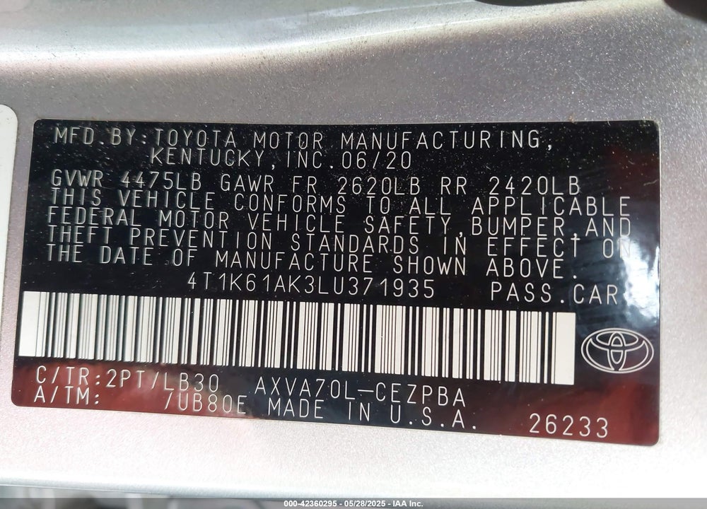 2020 TOYOTA CAMRY VIN: 4T1K61AK3LU371935