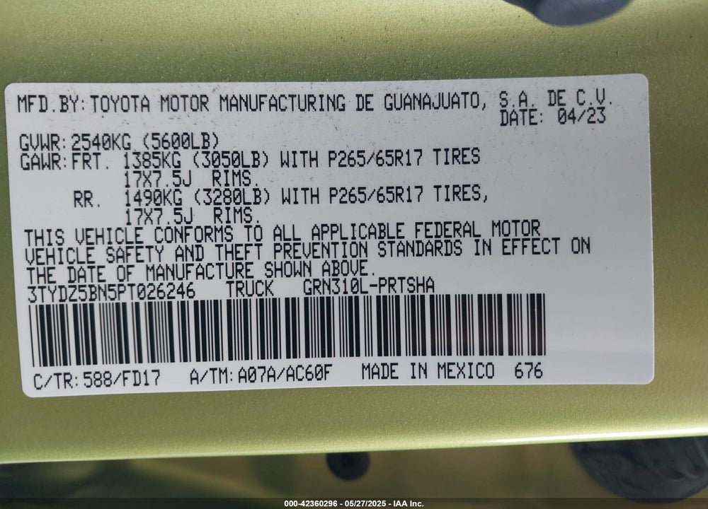 2023 TOYOTA TACOMA TRD SPORT VIN: 3TYDZ5BN5PT026246