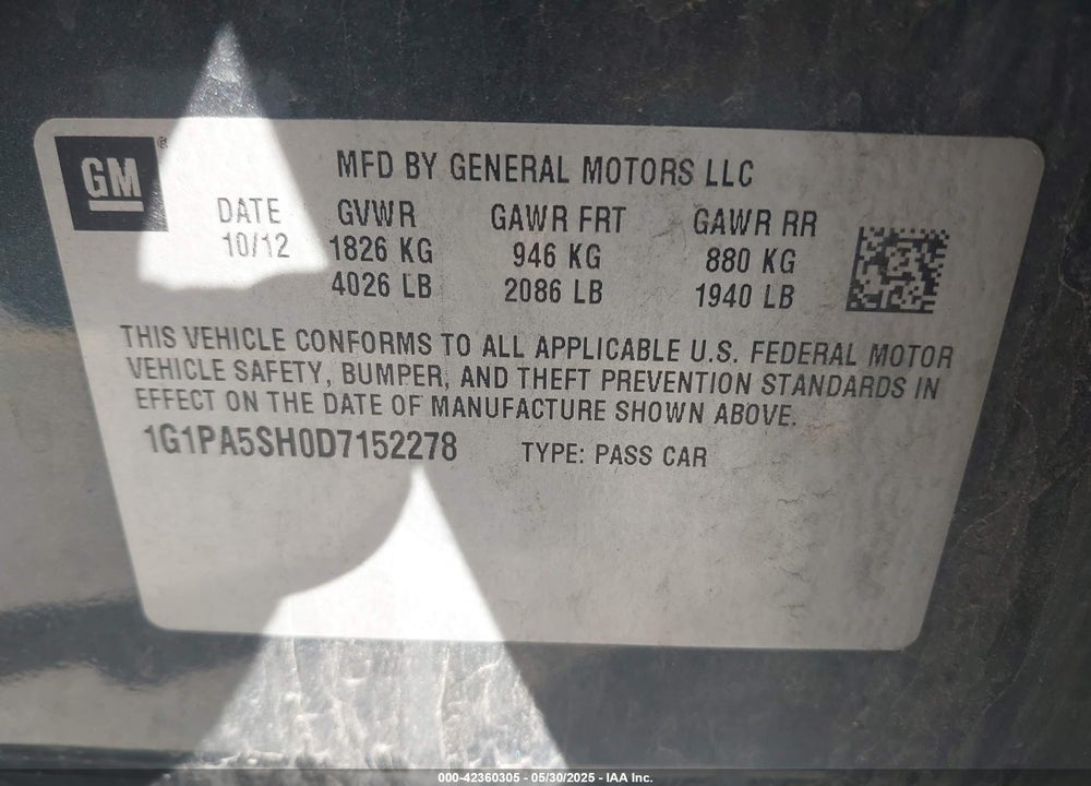 2013 CHEVROLET CRUZE VIN: 1G1PA5SH0D7152278