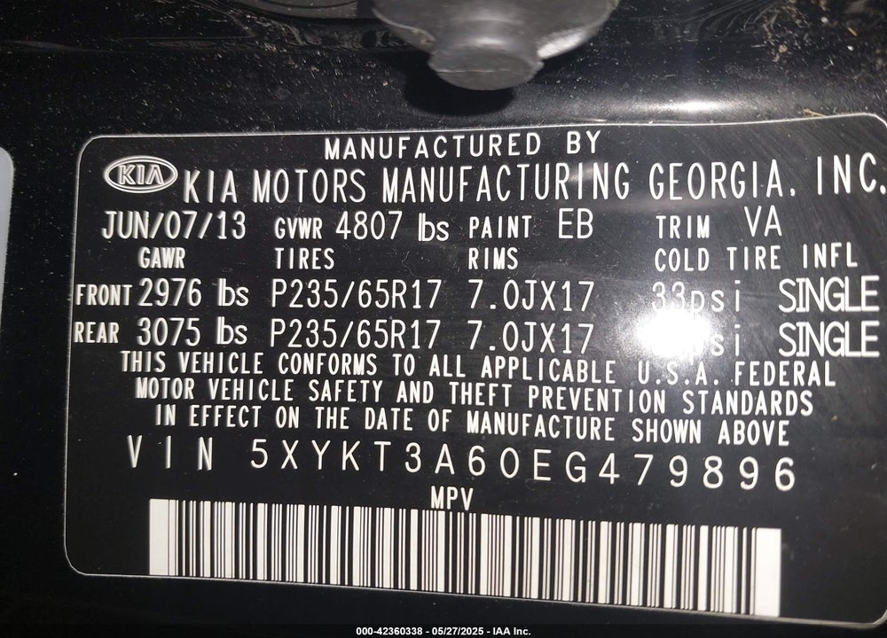 2014 KIA SORENTO VIN: 5XYKT3A60EG479896