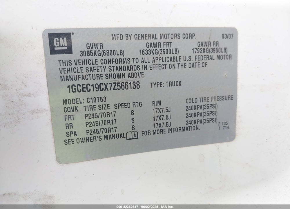 2007 CHEVROLET SILVERADO 1500 VIN: 1GCEC19CX7Z566138