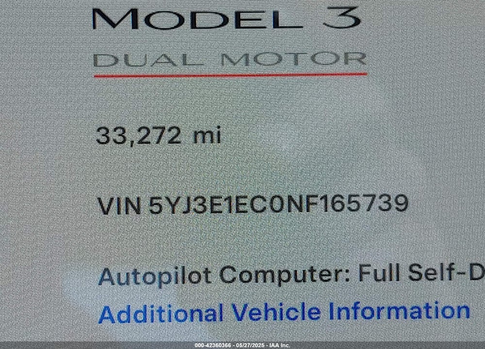 2022 TESLA MODEL 3 VIN: 5YJ3E1EC0NF165739