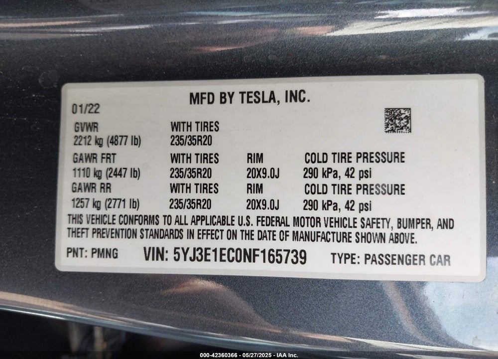 2022 TESLA MODEL 3 VIN: 5YJ3E1EC0NF165739